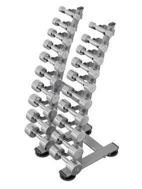 Jimnastik Salonu Salonu, halter spor aletleri için, farklı boyutlarda ve ağırlıkta, beyaz arka planda izole edilmiş. 3B illüstrasyon