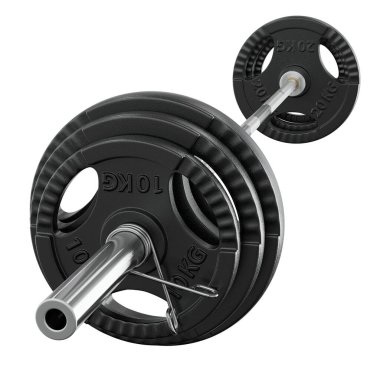 Demir Olimpiyat Ayarlanabilir Halter, 20 kg ve 10 kg plakalı, yan görüş, beyaz arka planda izole edilmiş. 3B illüstrasyon