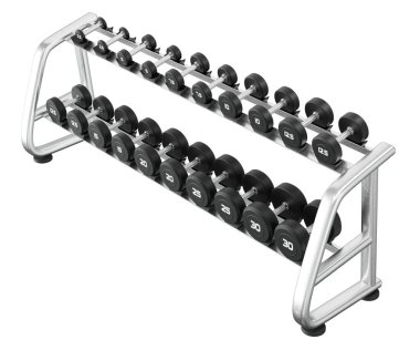 Jimnastik Salonu Salonu, halter spor aletleri için, farklı boyutlarda ve ağırlıkta, beyaz arka planda izole edilmiş. 3B illüstrasyon