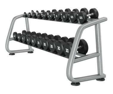 Jimnastik Salonu Salonu, halter spor aletleri için, farklı boyutlarda ve ağırlıkta, beyaz arka planda izole edilmiş. 3B illüstrasyon