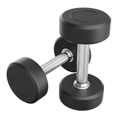 İki boş yuvarlak lastik dambıl, halter spor aletleri üst görünümü, beyaz arka planda izole. 3B illüstrasyon