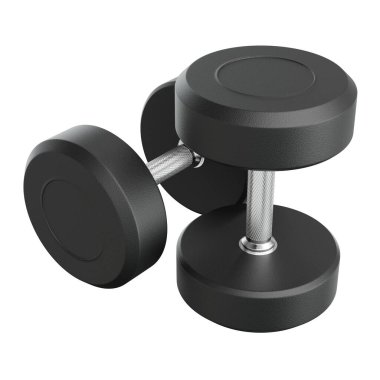 İki boş yuvarlak lastik dambıl, halter spor aletleri üst görünümü, beyaz arka planda izole. 3B illüstrasyon