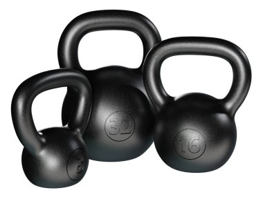 Farklı kettlebell setleri, boş ağır dökme demir kaldırma ekipmanları, siyaha boyanmış, beyaz arka planda izole edilmiş. 3B illüstrasyon