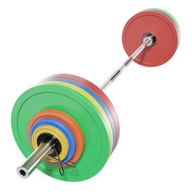 Demir Olimpik Halter, halter spor aletleri, yan görüş, beyaz arka planda izole edilmiş. 3B illüstrasyon