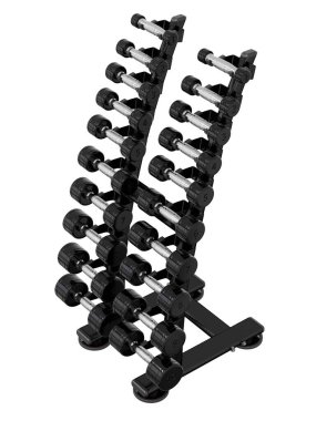 Jimnastik Salonu Salonu, halter spor aletleri için, farklı boyutlarda ve ağırlıkta, beyaz arka planda izole edilmiş. 3B illüstrasyon