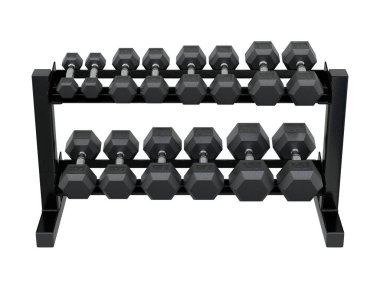 Jimnastik Salonu Salonu, halter spor aletleri için, farklı boyutlarda ve ağırlıkta, beyaz arka planda izole edilmiş. 3B illüstrasyon