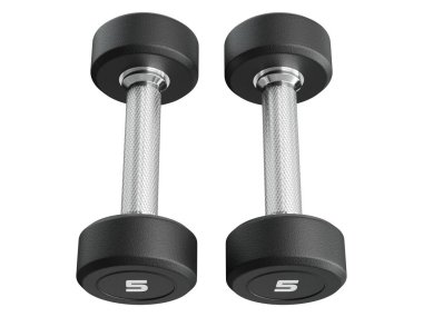 Beş numaralı boş Rubber Dambılları beyaz arka planda izole edilmiş halter spor aletleri. 3B illüstrasyon