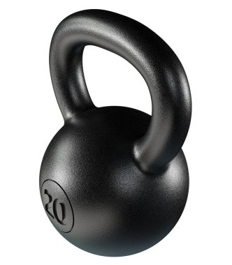 Kettlebell fitness ağırlığı, 20 kg ağır demir kaldırma ekipmanı, siyaha boyanmış, beyaz arka planda izole edilmiş. 3B illüstrasyon