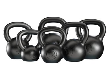 Farklı kettlebell setleri, boş ağır dökme demir kaldırma ekipmanları, siyaha boyanmış, beyaz arka planda izole edilmiş. 3B illüstrasyon