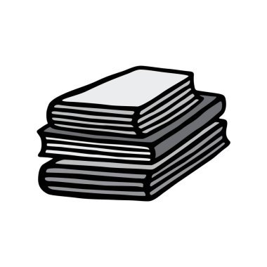El yazısı ile siyah çizgi çizilmiş karalama kitap yığını simgesi ve renkli monokrom grisi. Vektör illüstrasyonu beyaz arkaplanda izole edildi