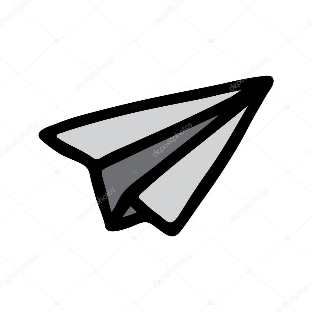 Doodle Paper Airplane icon hand drawn with black line in freehand style and colored monochrome grey. Vector illustration isolated on white background