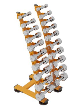 Jimnastik Salonu Salonu, halter spor aletleri için, farklı boyutlarda ve ağırlıkta, beyaz arka planda izole edilmiş. 3B illüstrasyon