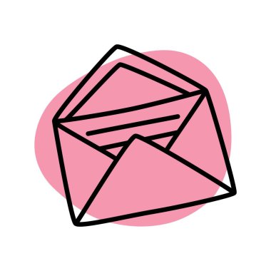 İçinde harf simgesi ya da logo olan Doodle Open zarfı, ince siyah çizgili ve renkli damlacıklı el yazısı. Beyaz arka planda izole edilmiş. Vektör illüstrasyonu