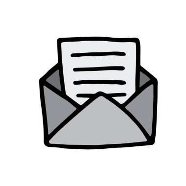 El yazısıyla siyah çizgili ve renkli tek renkli gri renkli el simgesi çizilmiş Doodle Open zarfı. Vektör illüstrasyonu beyaz arkaplanda izole edildi