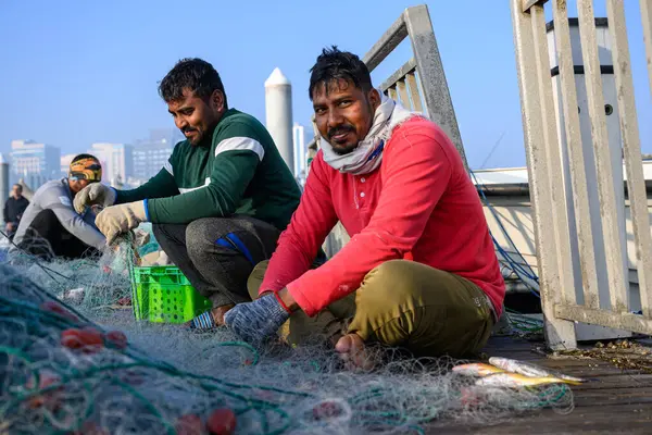Doha Katar 27 Aralık 2024: İşçiler ağdaki balıkları boşaltıyorlar