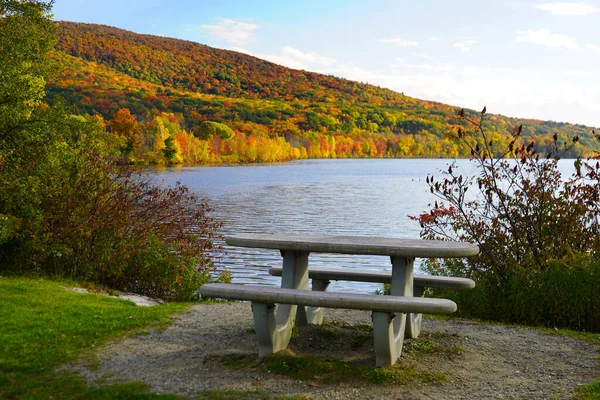 Spokojny Stół Piknikowy Nad Jeziorem Widokiem New England Fall Kolor — Zdjęcie stockowe