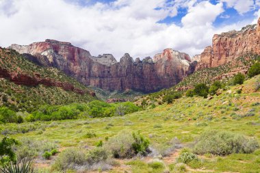 Batı Tapınağı, Güneş saati, Kurban Sunağı ve Bakireler Kulesi de dahil olmak üzere Zion Ulusal Parkı 'nda görünüm.