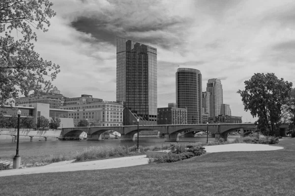 Cityscape of Grand Rapids Michigan with the Grand River in Black and White