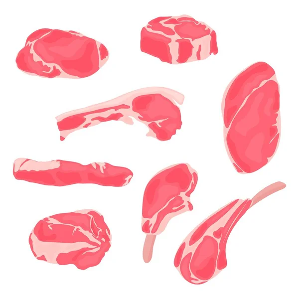 このベクトルイラストのコレクションは あなたのバーベキューをテーマにしたデザインで使用する準備ができて 千切り子羊からプライムリブまで さまざまな種類の肉を紹介しています — ストックベクタ