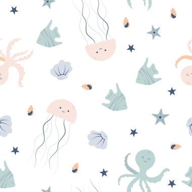 Şirin denizanası, denizyıldızı ve deniz kabuklarıyla kusursuz desen..