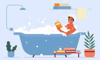 Köpük banyosunda rahatlayıp kitap okuyan bir kadının neşeli bir tasviri. Sahne, kişisel bakım ve zihinsel refahın barışçıl ve bencil olmayan bir aktivite olarak önemini vurguluyor.