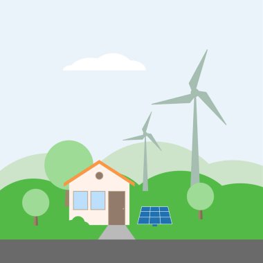 Alternatif enerji, güneş ve rüzgar enerjisi temalarının çizimleri. Vektör illüstrasyonları.