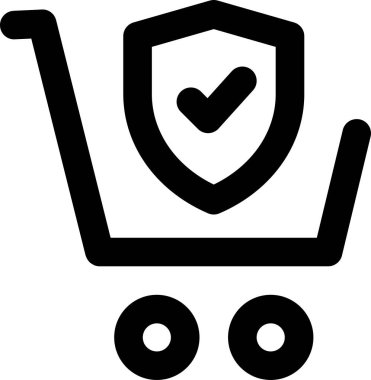 Elektronik ticaret platformları, online mağazalar ve perakende uygulamaları için mükemmel bir alışveriş arabası ikonu. Kalkanlı ve sembollü alışveriş arabası simgesi kontrol ediliyor