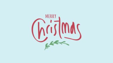 Açık mavi arkaplanlı neşeli bir Noel tebrik kartı animasyonu kırmızı, yeşil yapraklı, küçük beyaz kar taneli ve 