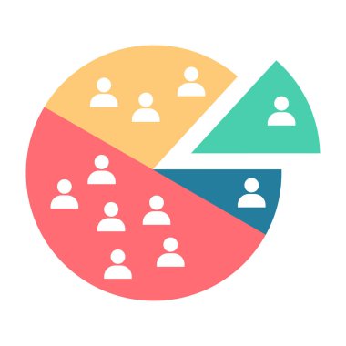 Düz renk vektör unsuru olan seyirci segmentasyonu, bir pazarlama stratejisinin temelini oluşturur. Bölümler bölünmüş ve beyaz üzerine tam boyutlu bir dekorasyon yapılmış..