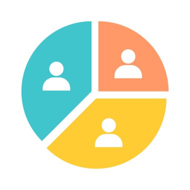 Düz renk vektör unsuru olan seyirci segmentasyonu, bir pazarlama stratejisinin temelini oluşturur. Bölümler bölünmüş ve beyaz üzerine tam boyutlu bir dekorasyon yapılmış..