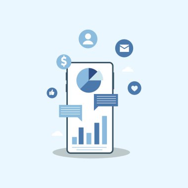 Akıllı telefon ekranı grafikleri ve stratejik planlama ve veri odaklı kararlar için veri akışını gösteren mobil iş analizlerini gösteren simge.