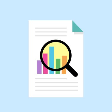 Bu simge, veri analizini, performans takibini ve ayrıntılı raporlar ve görselleştirmeler yoluyla içgörüleri sembolize eden bar grafikleri ve bir büyüteç içeren bir belgeyi içerir..