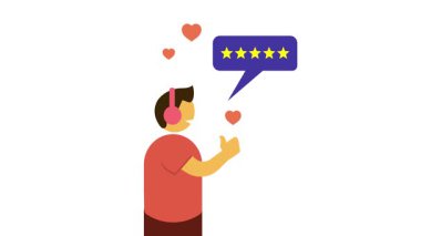 Hareket grafiği, mutlu bir müşterinin 5 yıldızlı bir not verdiğini gösteriyor. Kalpli, iş ve hizmet bağlamında memnuniyet ve sadakati simgeliyor..