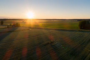 Güneş batarken tarlalardan sis yükseliyor. Güneş ışığı tarlalardaki telefon hatlarının gölgelerini yaratır..
