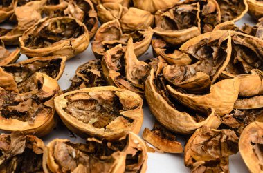 Çerçeveyi dolduran kırık ceviz kabuklarının yakın plan görüntüsü.