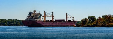 St. Lawrence Nehri 'ndeki bir adadan geçen bir yük gemisinin panoraması.