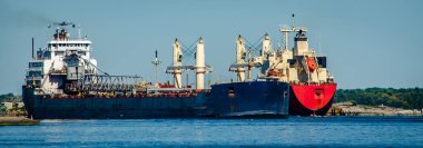 İki yük gemisi, Brockville 'deki St. Lawrence Nehri' nde zıt yönlerden geçiyor.