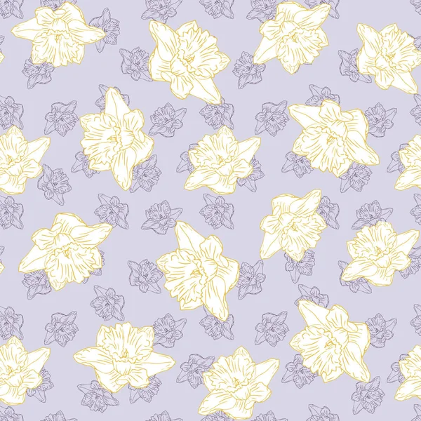 Frühling Narzisse Blume Nahtlose Muster Gelb Und Violett Bunten Hintergrund — Stockvektor