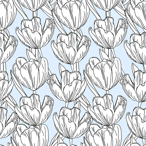 Lindo Patrón Sin Costura Flor Primavera Con Tulipanes Arte Línea — Vector de stock