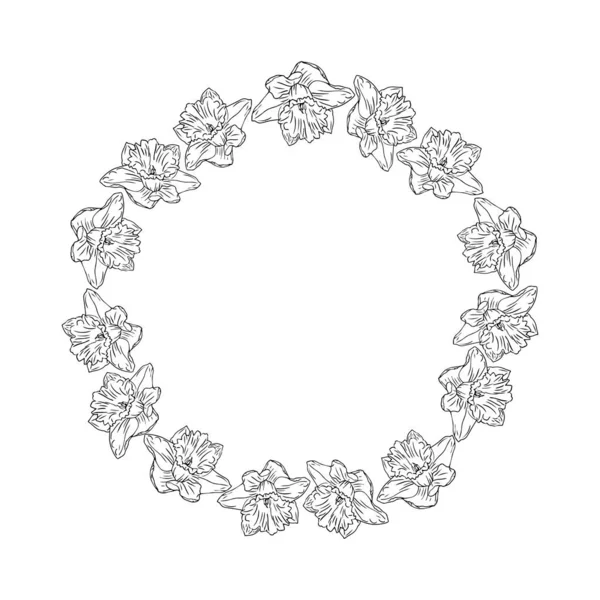 花の頭 輪の花輪 手描きの線画は白い背景に隔離されます カードや招待に最適 — ストックベクタ