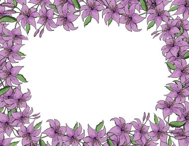 Beyaz arka plan vektörü üzerinde Lilly Çiçeği. Zarif sanat zambağı, çiçekler ve yapraklar el çizimi. Düğün için sevimli çiçek çerçevesi tasarımı, davetiye
