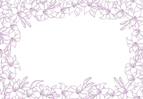 白い背景ベクトルにユリの花 エレガントなラインアートユリ 花や葉を手描き 結婚式のためのかわいいフレームデザイン 招待状 — ストックベクタ