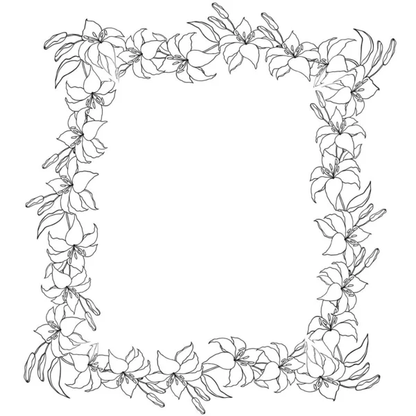 白い背景ベクトルにユリの花 エレガントなラインアートユリ 花や葉を手描き 結婚式のためのかわいいフレームデザイン 招待状 — ストックベクタ