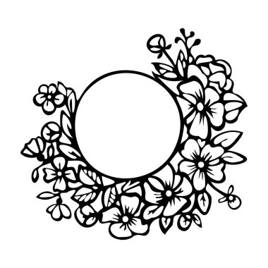 Siluet, yapraklı ve çiçekli yuvarlak çerçeve. Çiçekli monogram çerçeve.