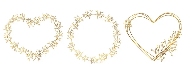 Hjärtan Blommig Och Cirkel Gyllene Krans Set Guldblomsterkrans Blomstervektorns Designelement — Stock vektor