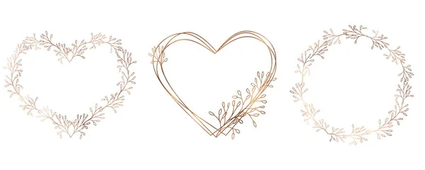 Καρδιές Floral Και Κύκλο Χρυσό Στεφάνι Σετ Χρυσό Στεφάνι Λουλουδιού — Διανυσματικό Αρχείο