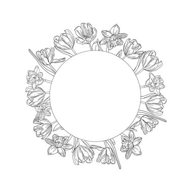 Bahar çiçeği çerçevesi. Kart veya davetiye tasarımı için mürekkep çizgisi laleleri ve narsis çiçeği çelengi