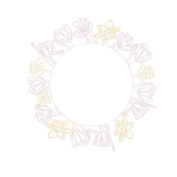 春の花のフレーム インクラインアートチューリップやカードや招待状のデザインのための花の花輪 — ストックベクタ