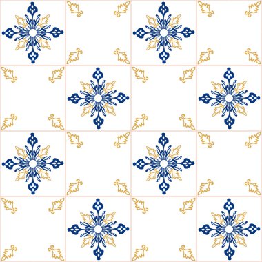 Portekiz tarzı sarı ve mavi süslemelerde geometri kusursuz desen. Azulejo vektörü, moda iç tasarım fayansları. Süslü tekstil arkaplanı