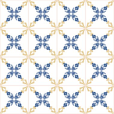 Portekiz tarzı sarı ve mavi süslemelerde geometri kusursuz desen. Azulejo vektörü, moda iç tasarım fayansları. Süslü tekstil arkaplanı